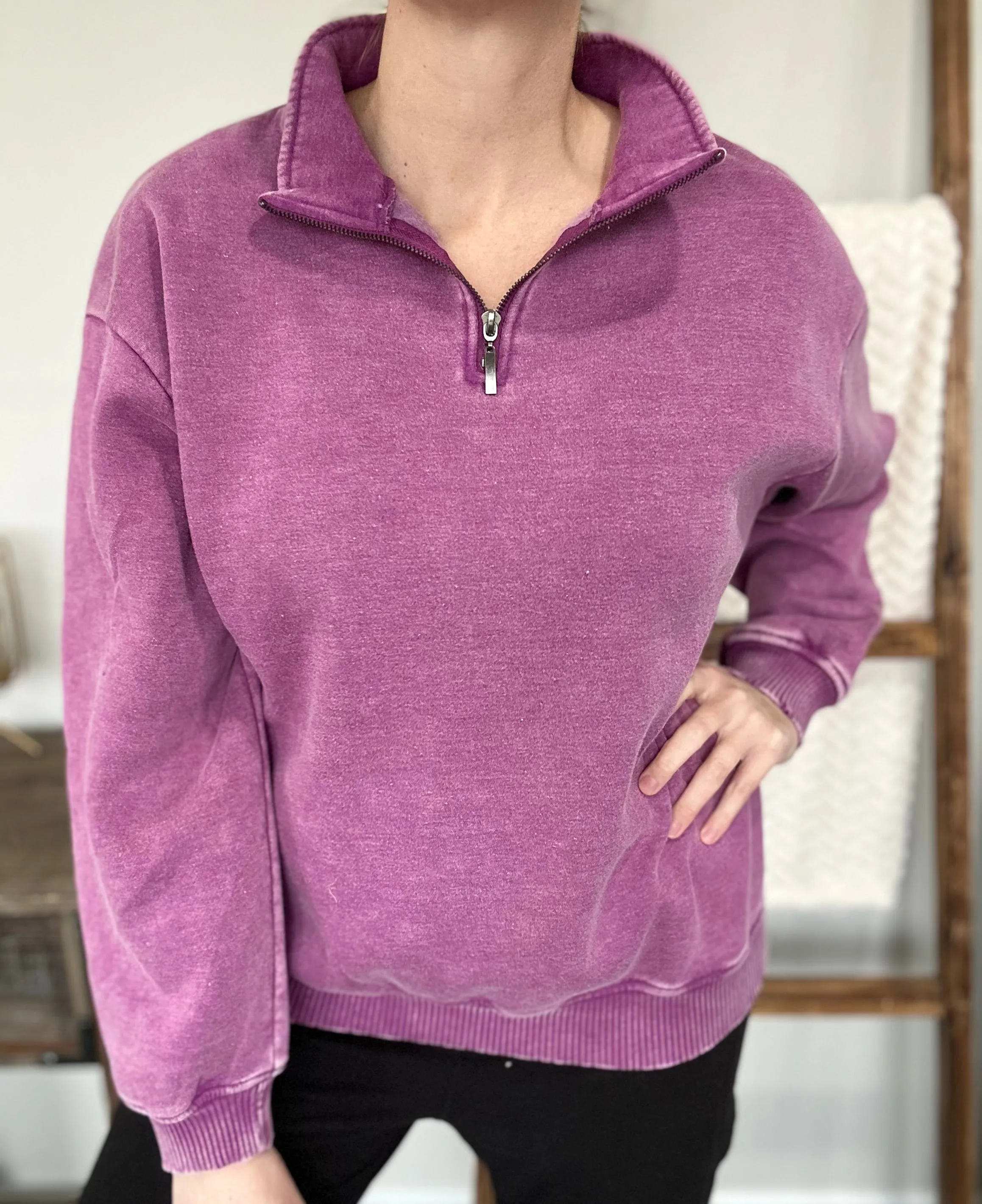 Acid Wash Half Zip - Purple