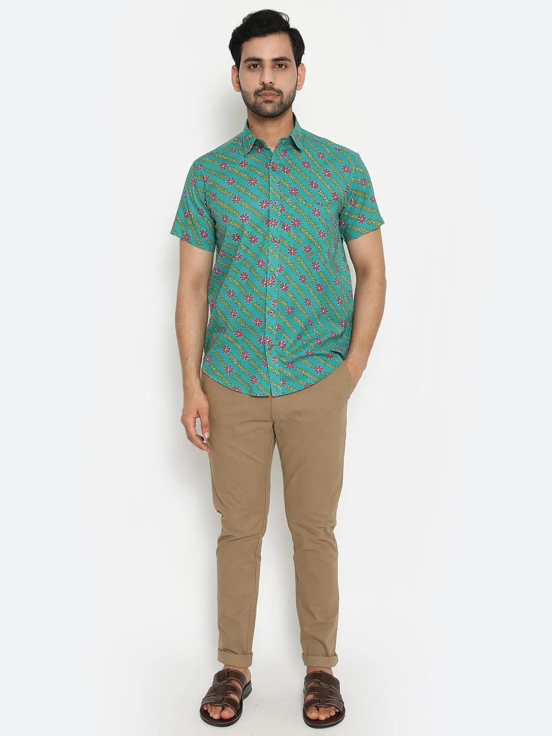 Aqua blue Short Sleeve Cotton Slim Hand Block Printed Men’s Shirt