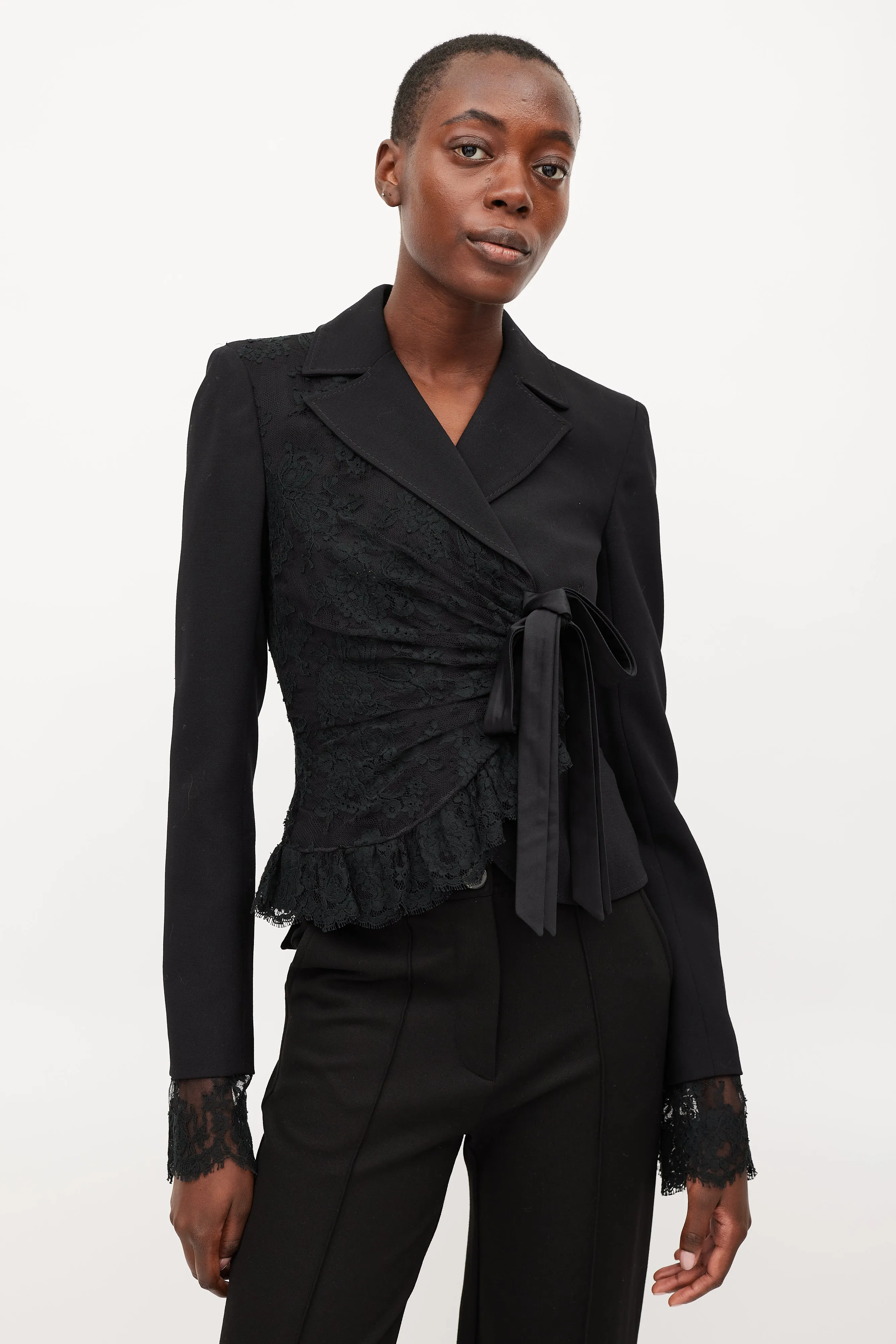 Black Wool Asymmetrical Lace Blazer