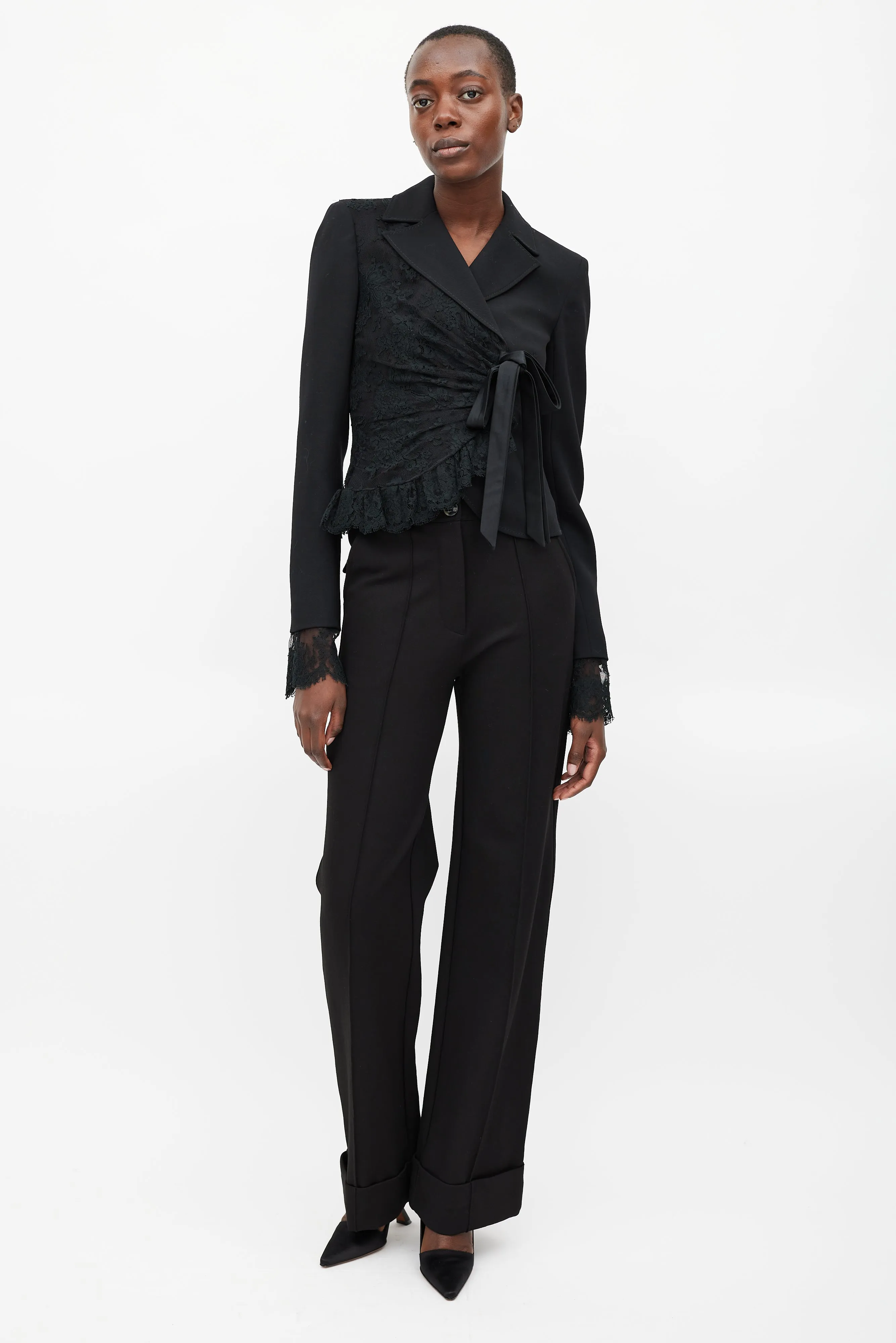 Black Wool Asymmetrical Lace Blazer