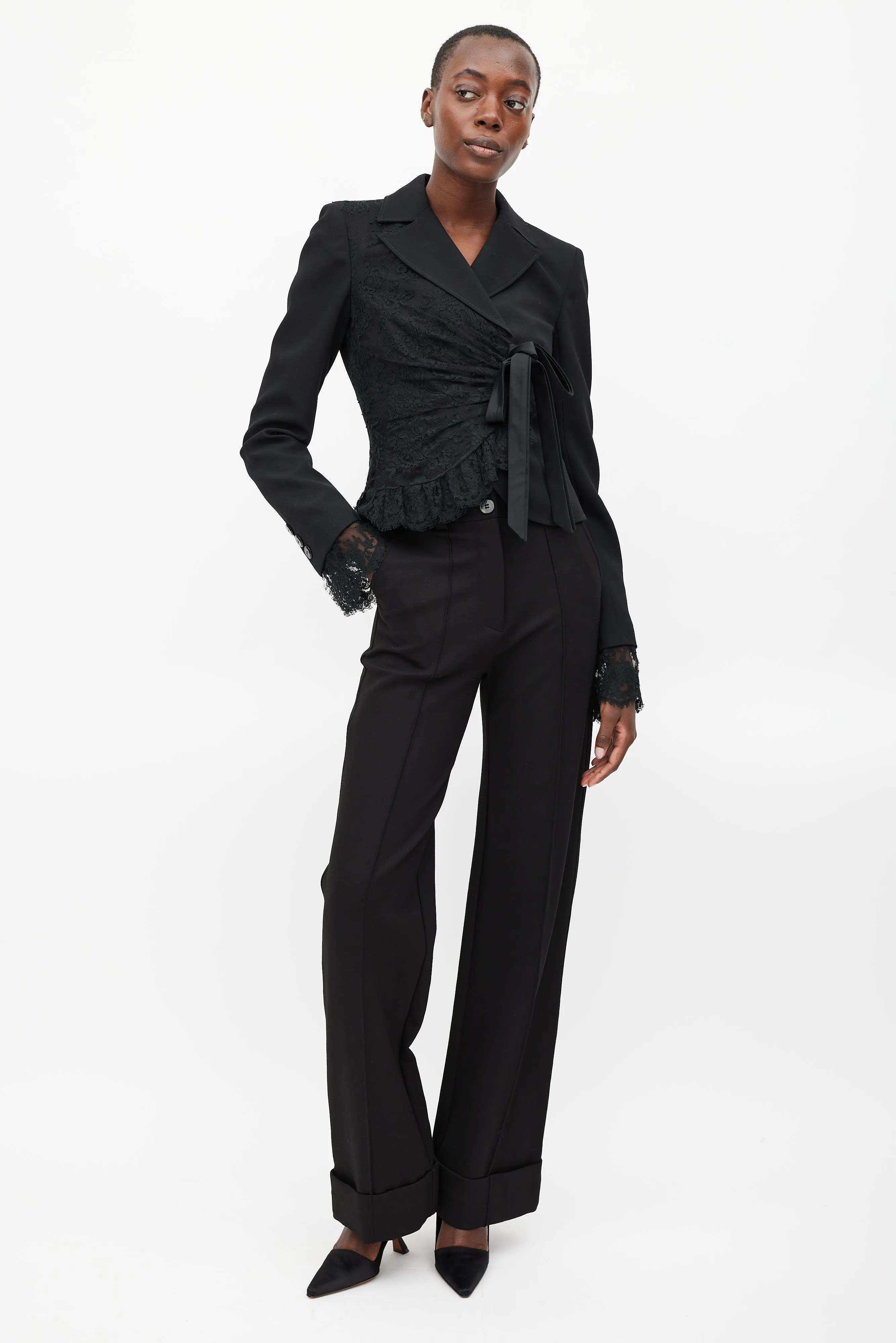 Black Wool Asymmetrical Lace Blazer