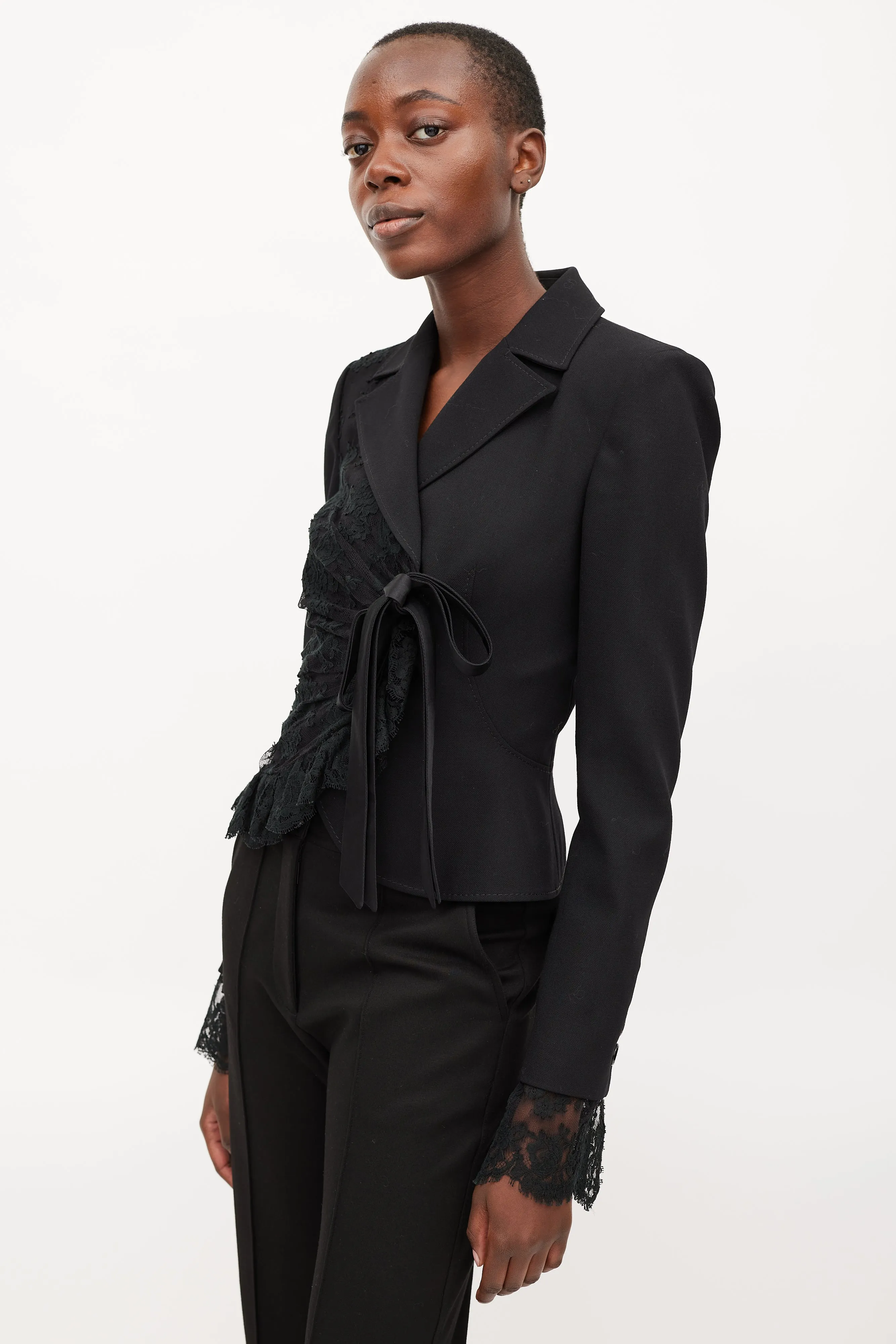 Black Wool Asymmetrical Lace Blazer