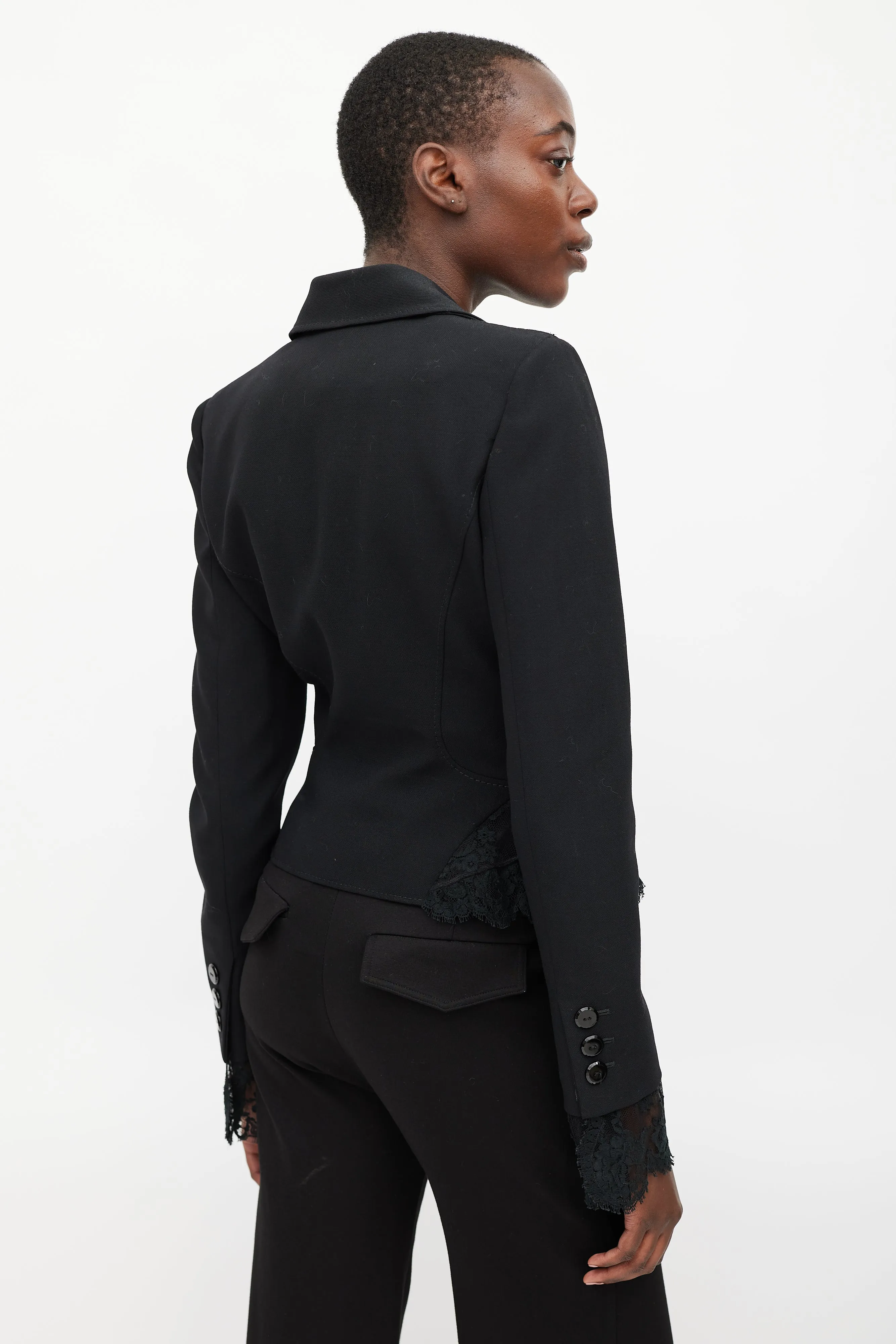 Black Wool Asymmetrical Lace Blazer