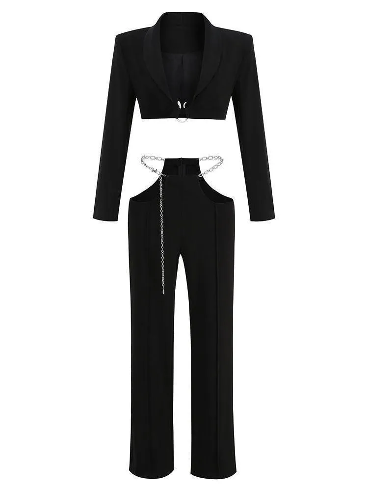 Gwyneth Plunge Chain Cutout Blazer Set In Black