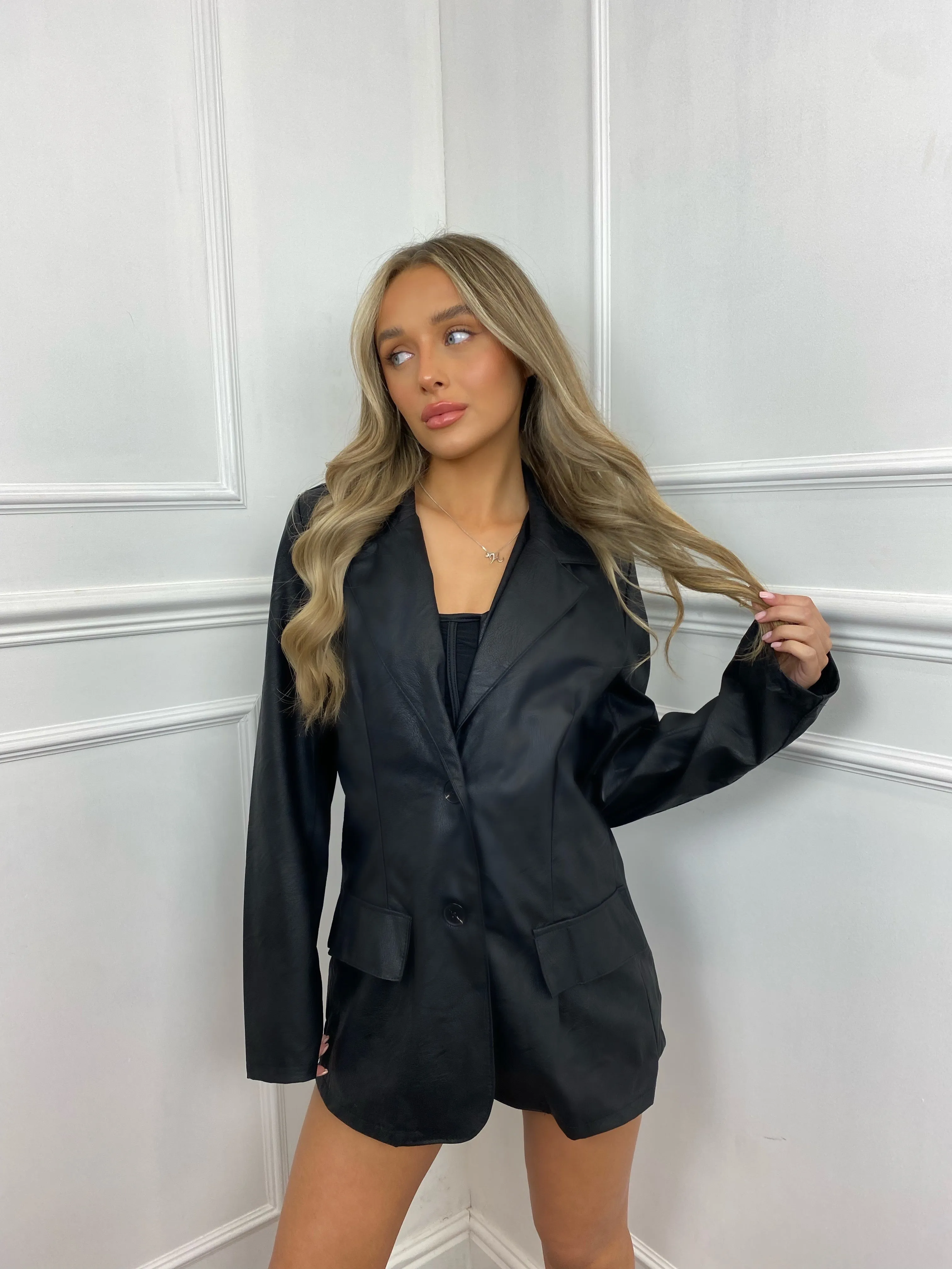 Oversized Leather Look Blazer - Black