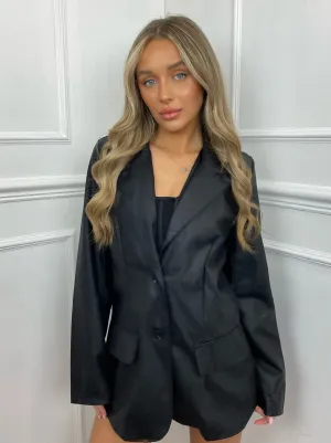 Oversized Leather Look Blazer - Black