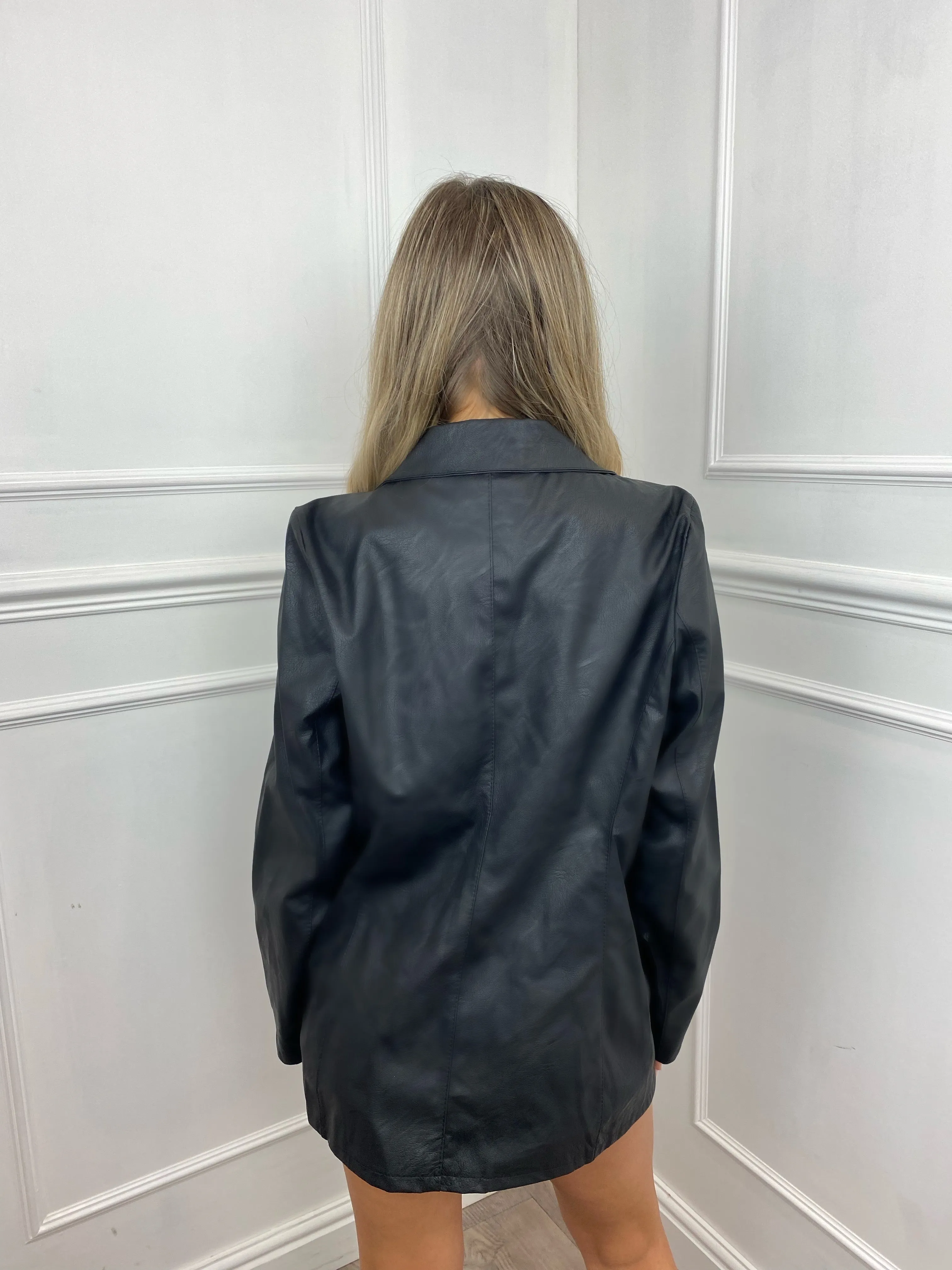 Oversized Leather Look Blazer - Black