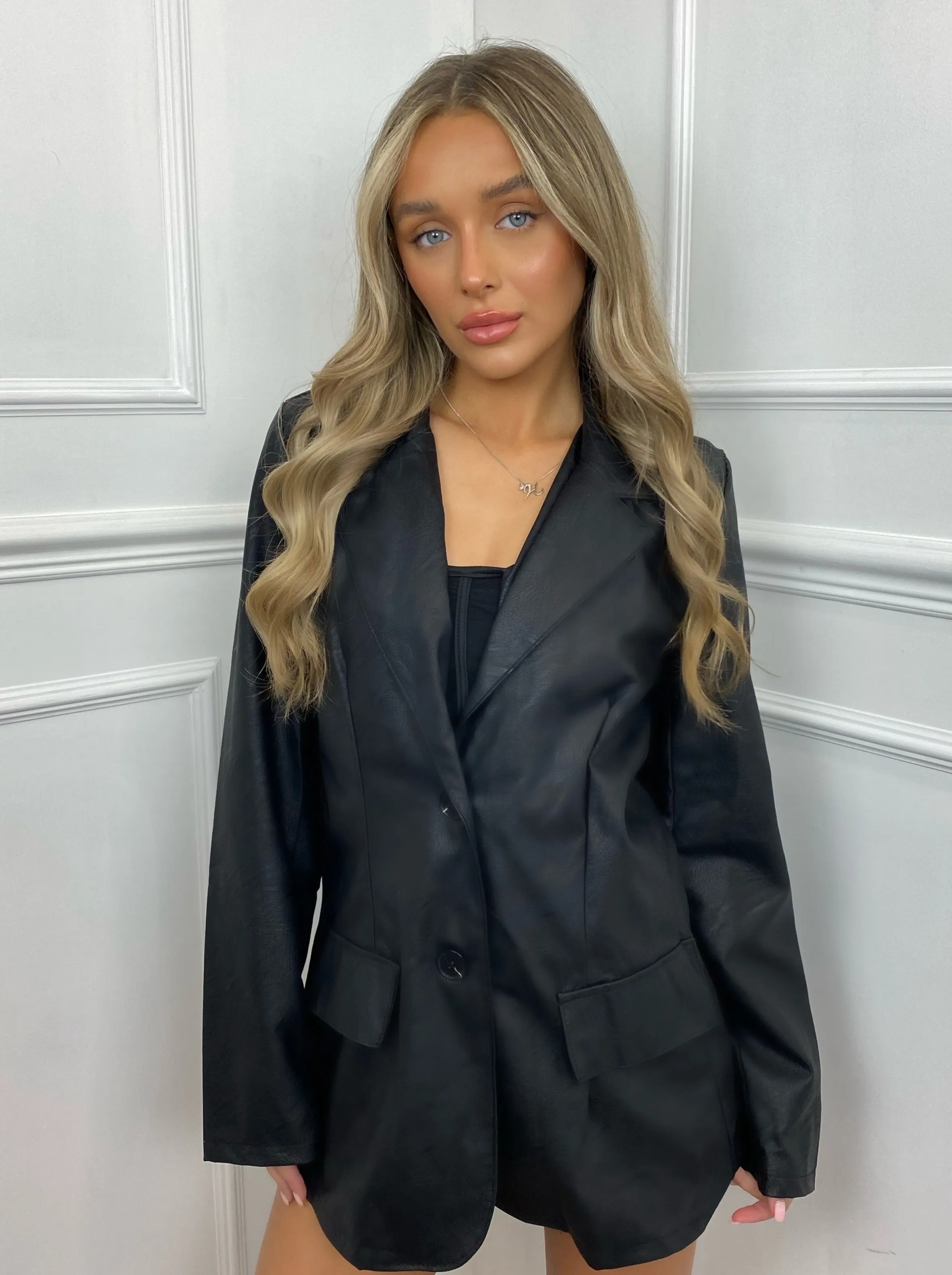 Oversized Leather Look Blazer - Black