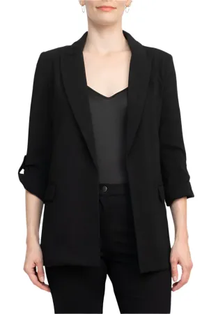 Tahari Lapel Collar 3/4 Roll Sleeve Open Front Woven Jacket