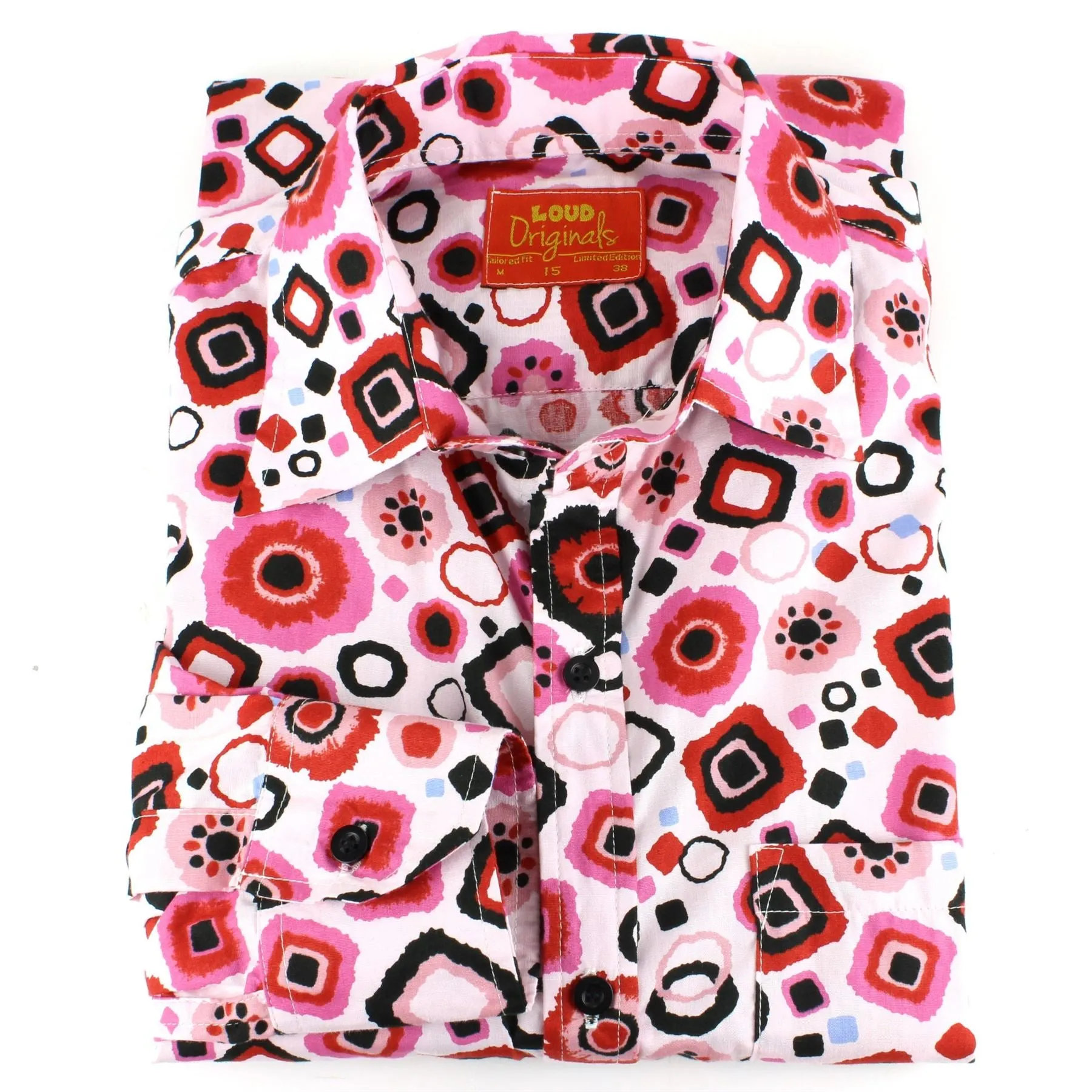 Tailored Fit Long Sleeve Shirt - Pink Black & Red Abstract Shapes