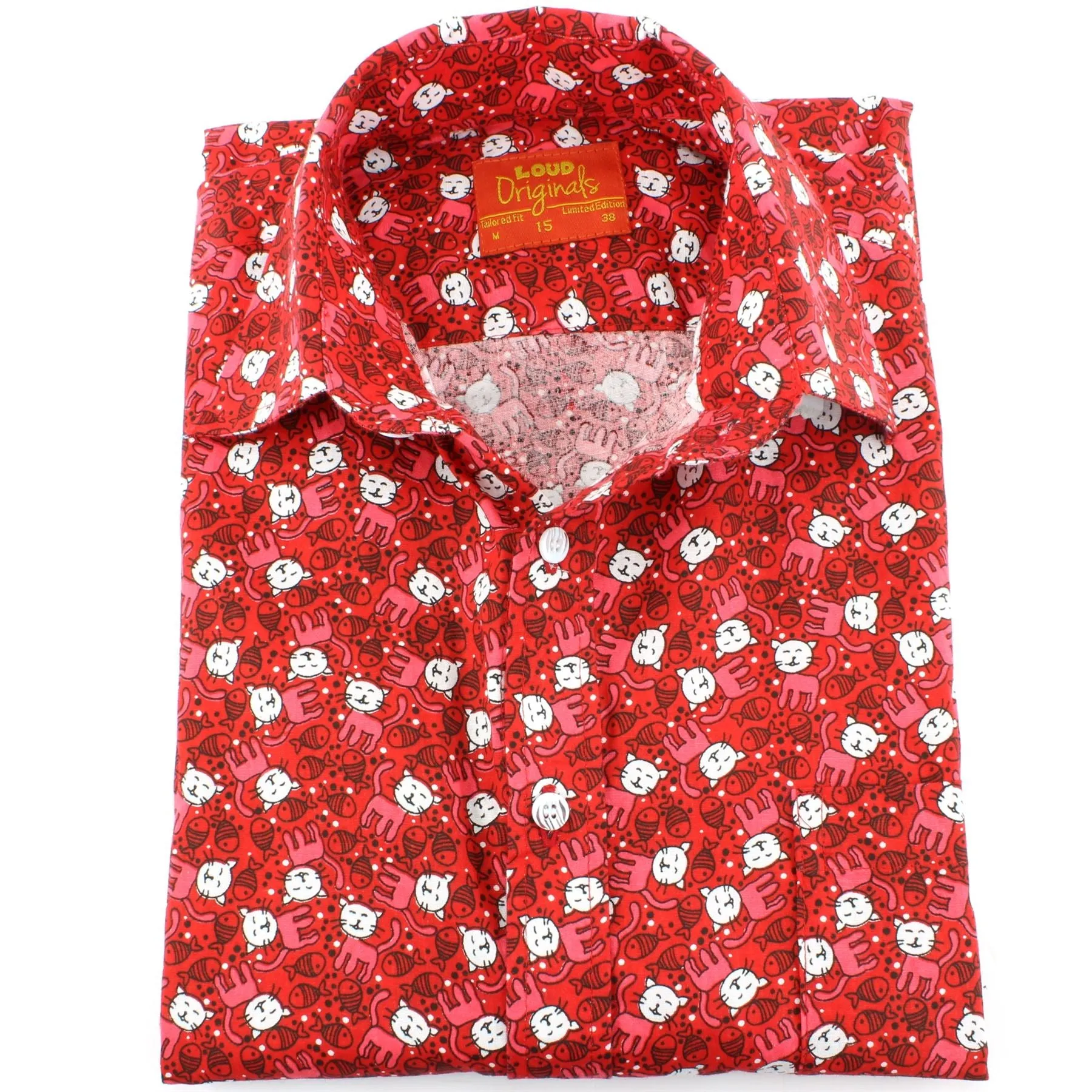 Tailored Fit Short Sleeve Shirt - Red Cats & Fish